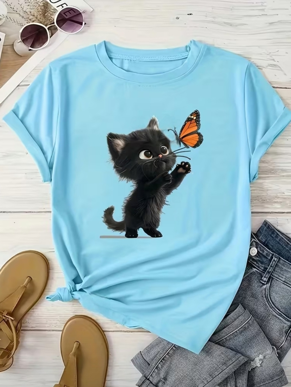 NWOT Purchased 4rm @cara_etc "Black Kitten🐈⬛& Butterfly🦋 Graphic Tee" Sky🩵XL - Picture 1 of 9